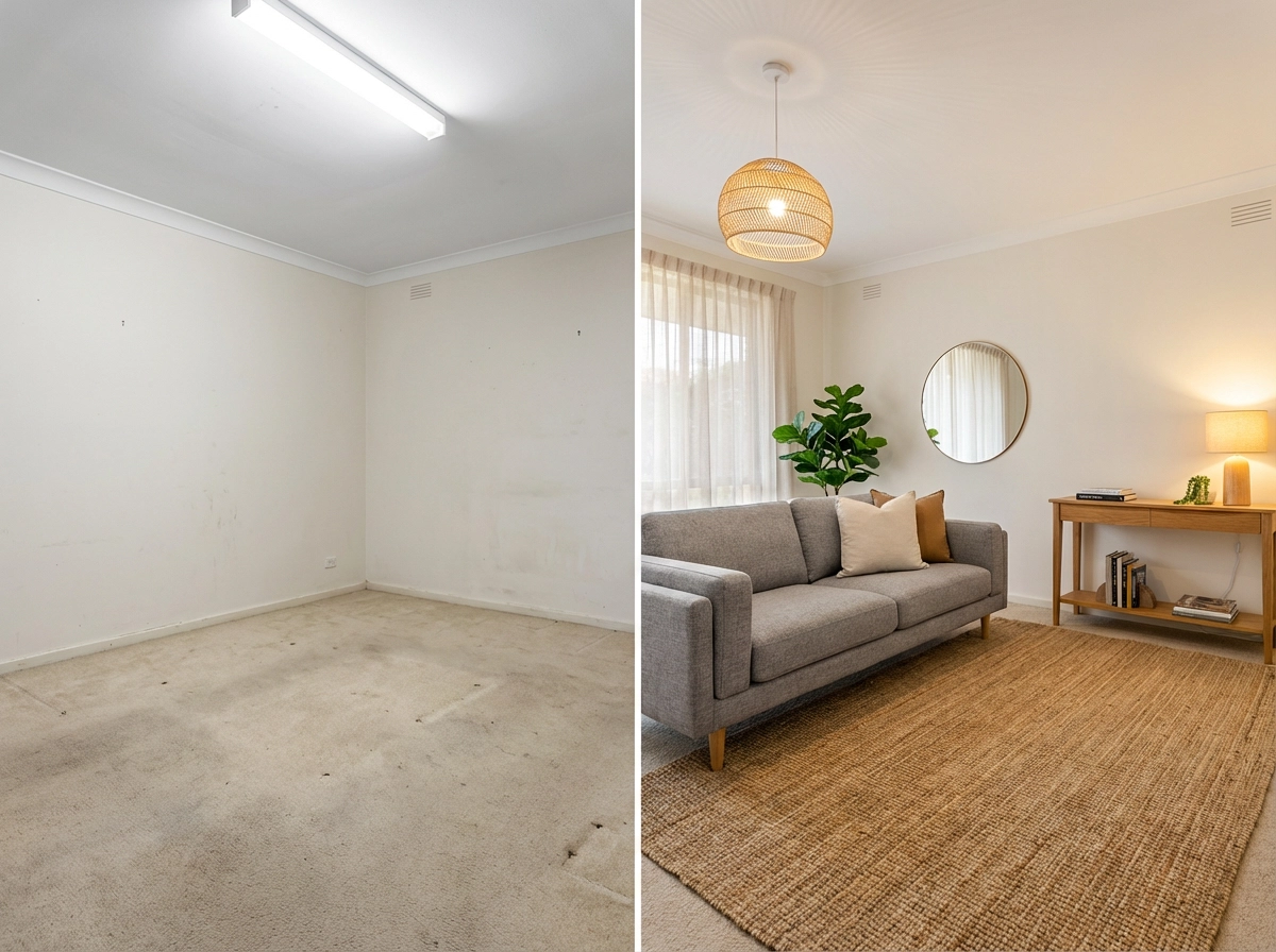 Before and after comparison of a Melbourne home staging transformation