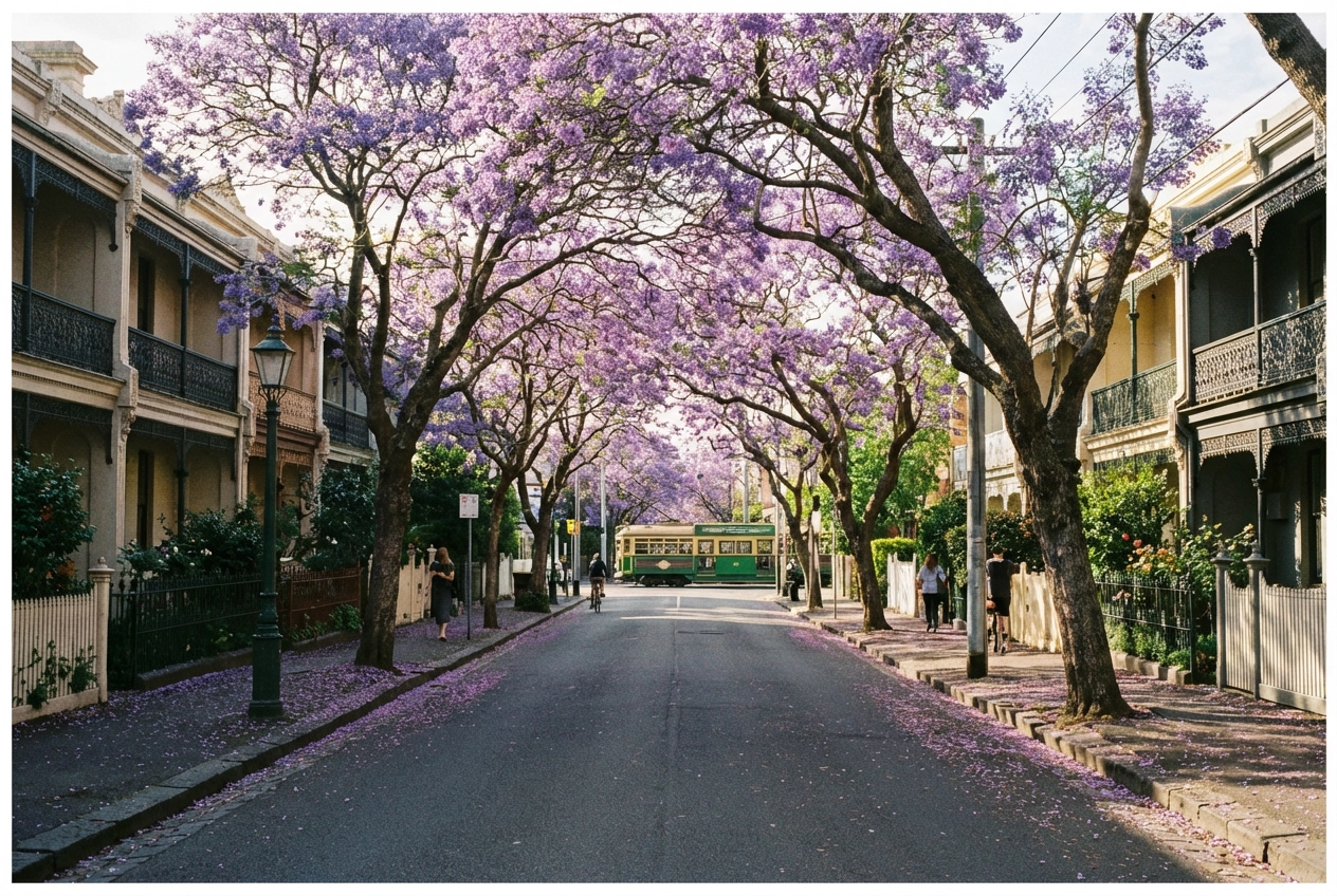 Panoramic view of a picturesque Melbourne suburb with tree-lined streets and period homes