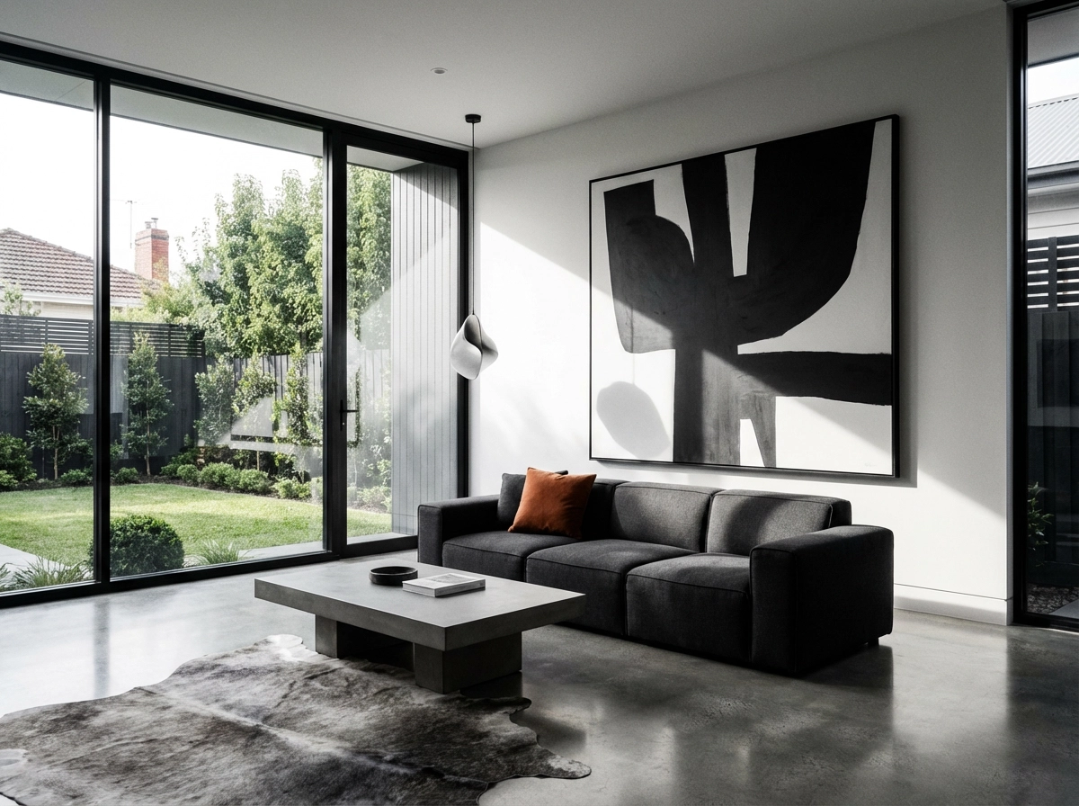Sleek minimalist living room with modern home staging in Melbourne