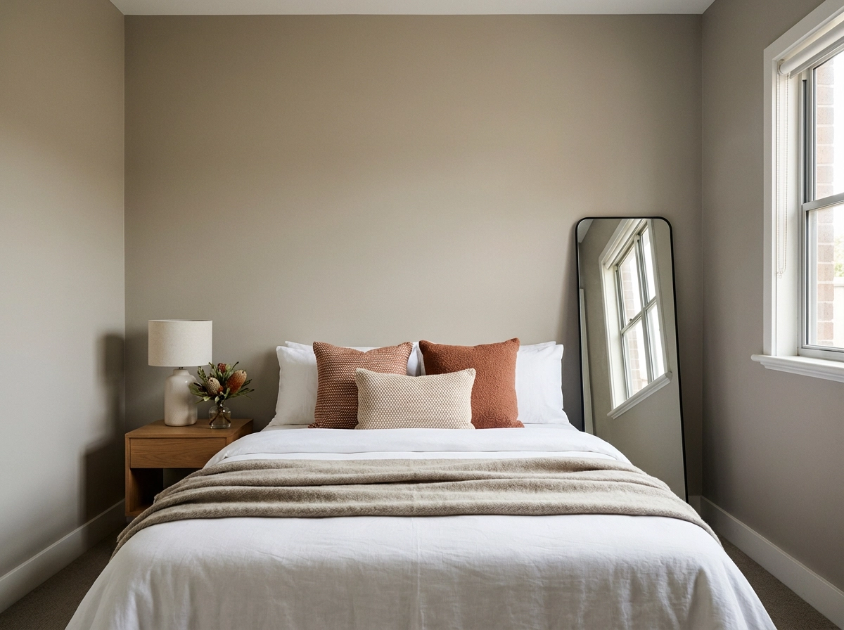Compact bedroom with strategic partial property styling in Melbourne