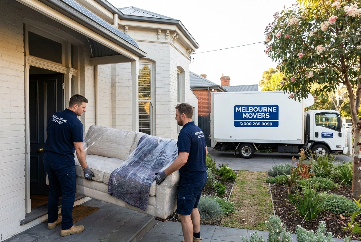 Professional movers delivering staging furniture to a Melbourne home
